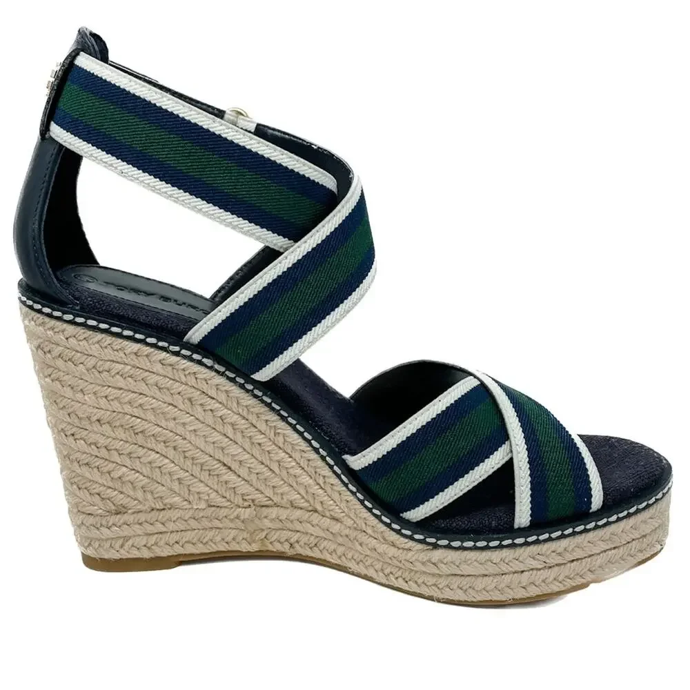 Tory Burch Frieda Green Navy White Stripe Canvas Leather Espadrilles size 9.5